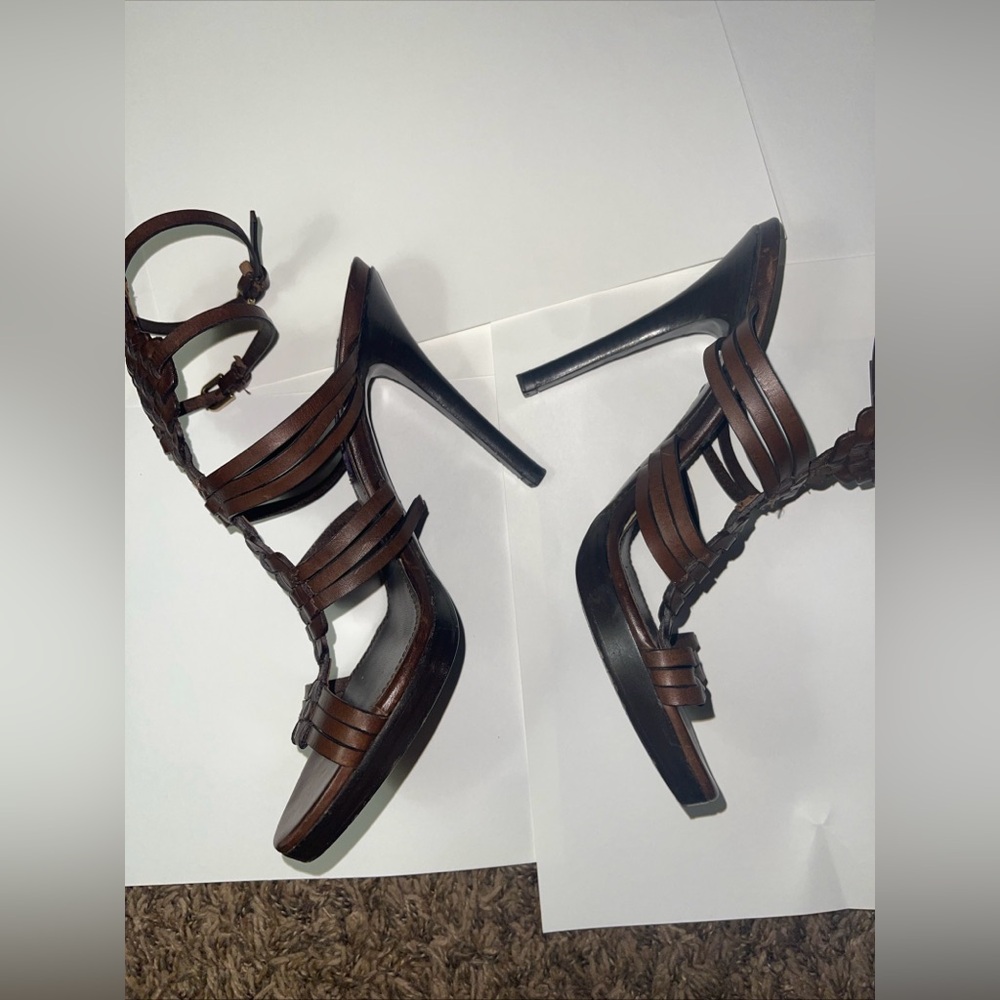 RALPH LAUREN COLLECTION PURPLE LABEL BROWN LEATHER HEELS ANKLE STRAP 7.5 ITALY - Picture 6 of 16
